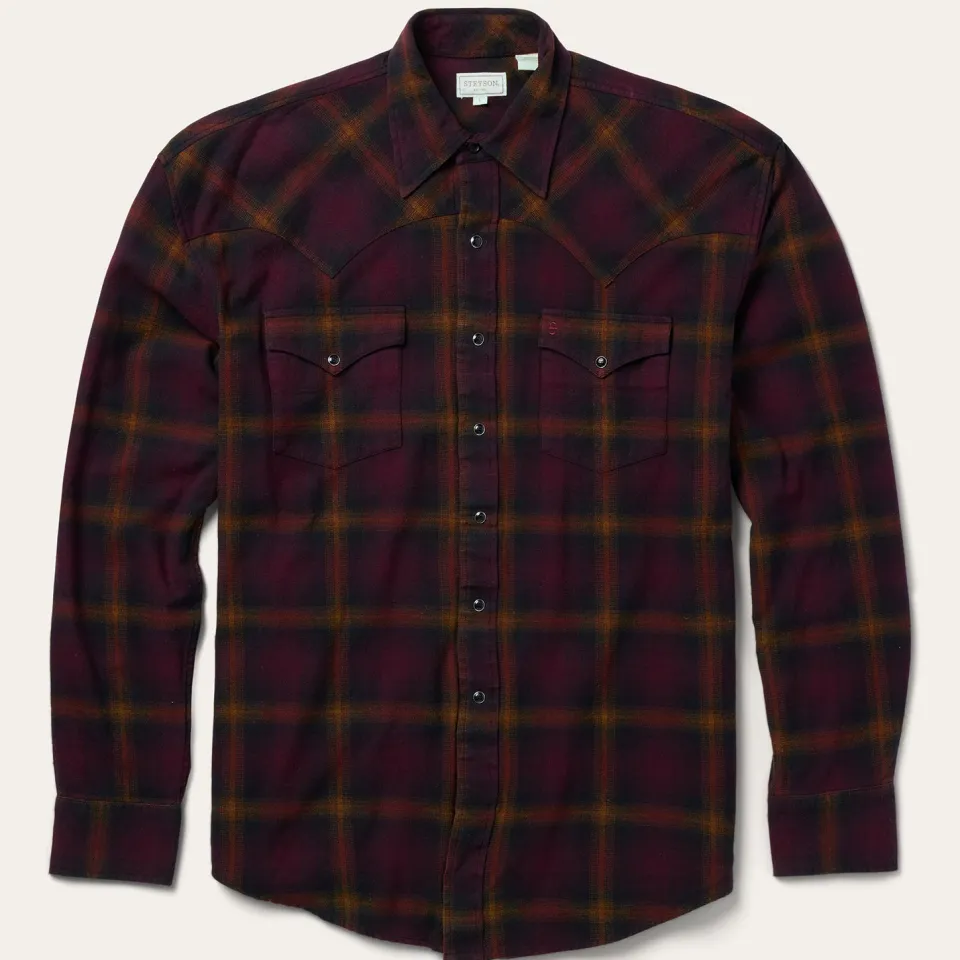 Stetson Black Plaid Flannel Western Shirt Wine Hot