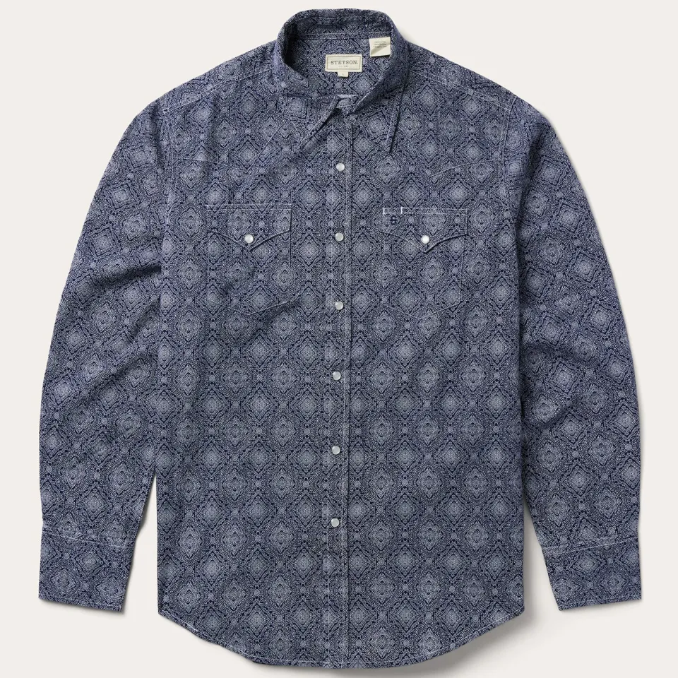 Stetson Medallion Print Western Shirt Blue Outlet