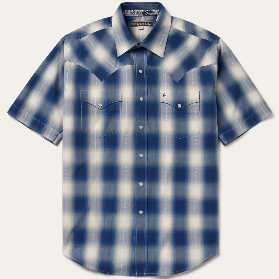 Stetson Ombre Plaid Short Sleeve Western Shirt Blue Shop