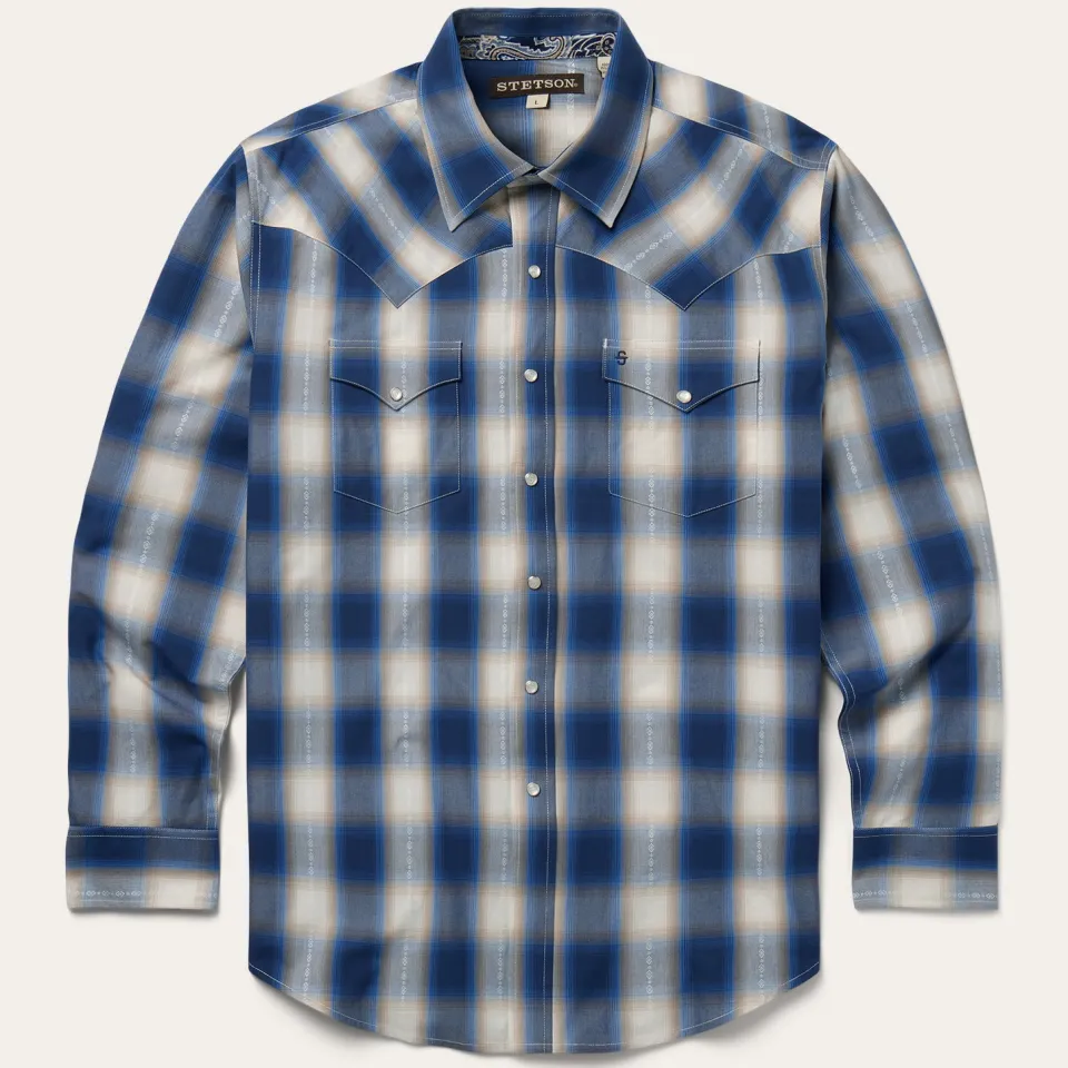 Stetson Ombre Plaid Western Shirt Blue Fashion