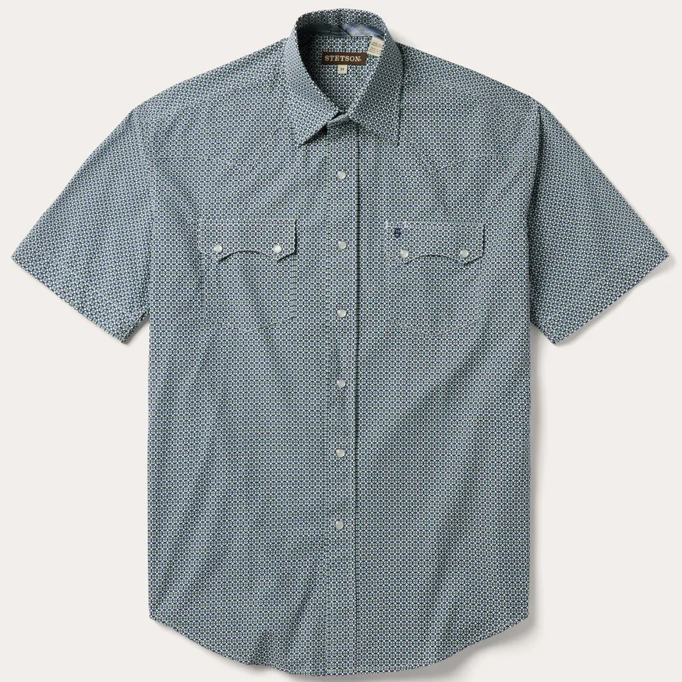 Stetson Circle Diamond Print Short Sleeve Western Shirt Green Clearance