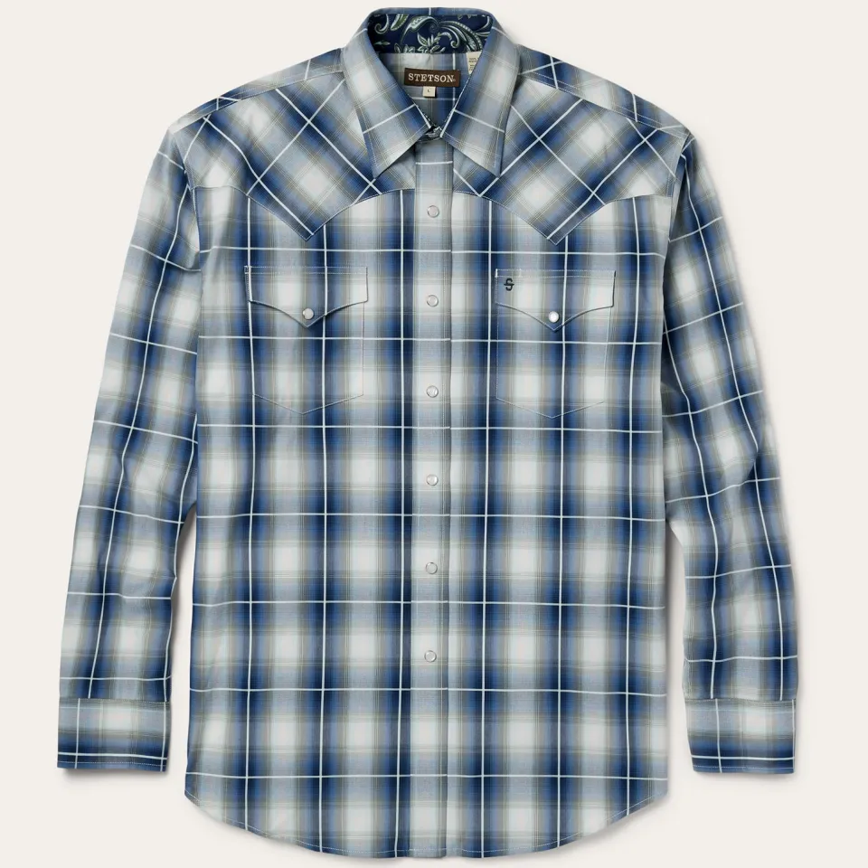 Stetson Crystal Plaid Western Shirt Blue Shop