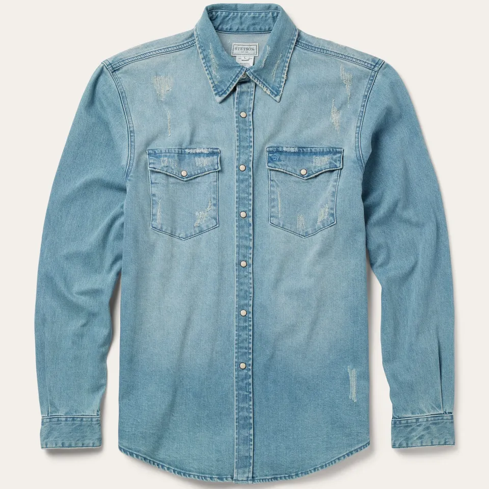 Stetson Distressed Denim Western Shirt Blue Shop