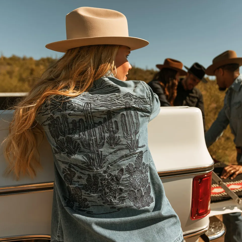 Stetson Embroidered Boyfriend Fit Denim Shirt Blue Outlet