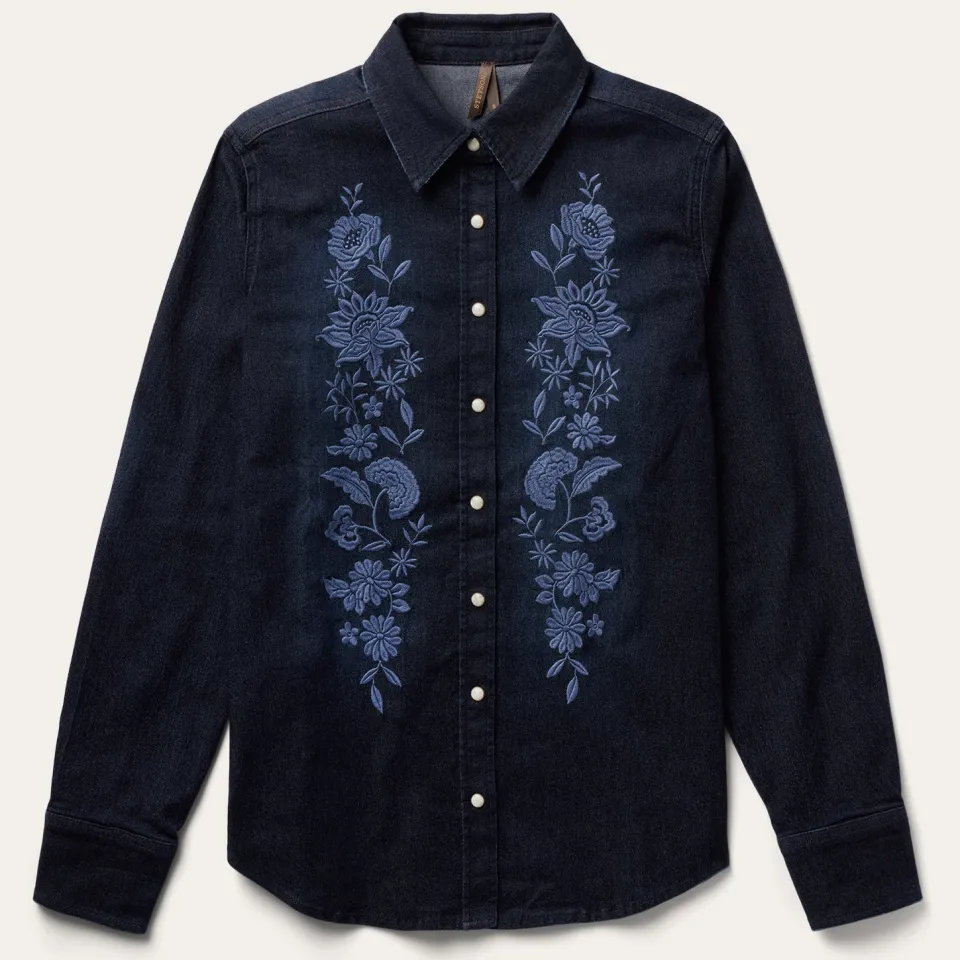 Stetson Embroidered Dark Denim Snap Front Blouse Blue Store