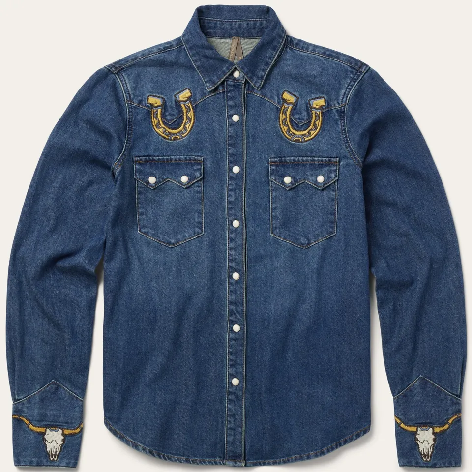 Stetson Embroidered Dark Denim Western Shirt Blue Discount