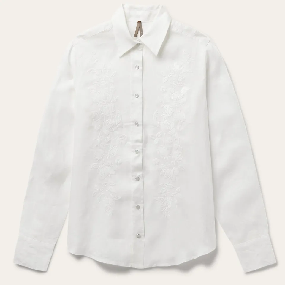 Stetson Embroidered Tonal Stripe Linen Blouse White Best Sale