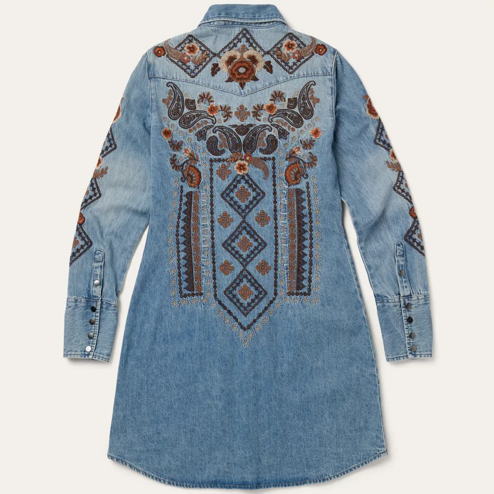 Stetson Floral Embroidered Denim Shirt Dress Blue Sale