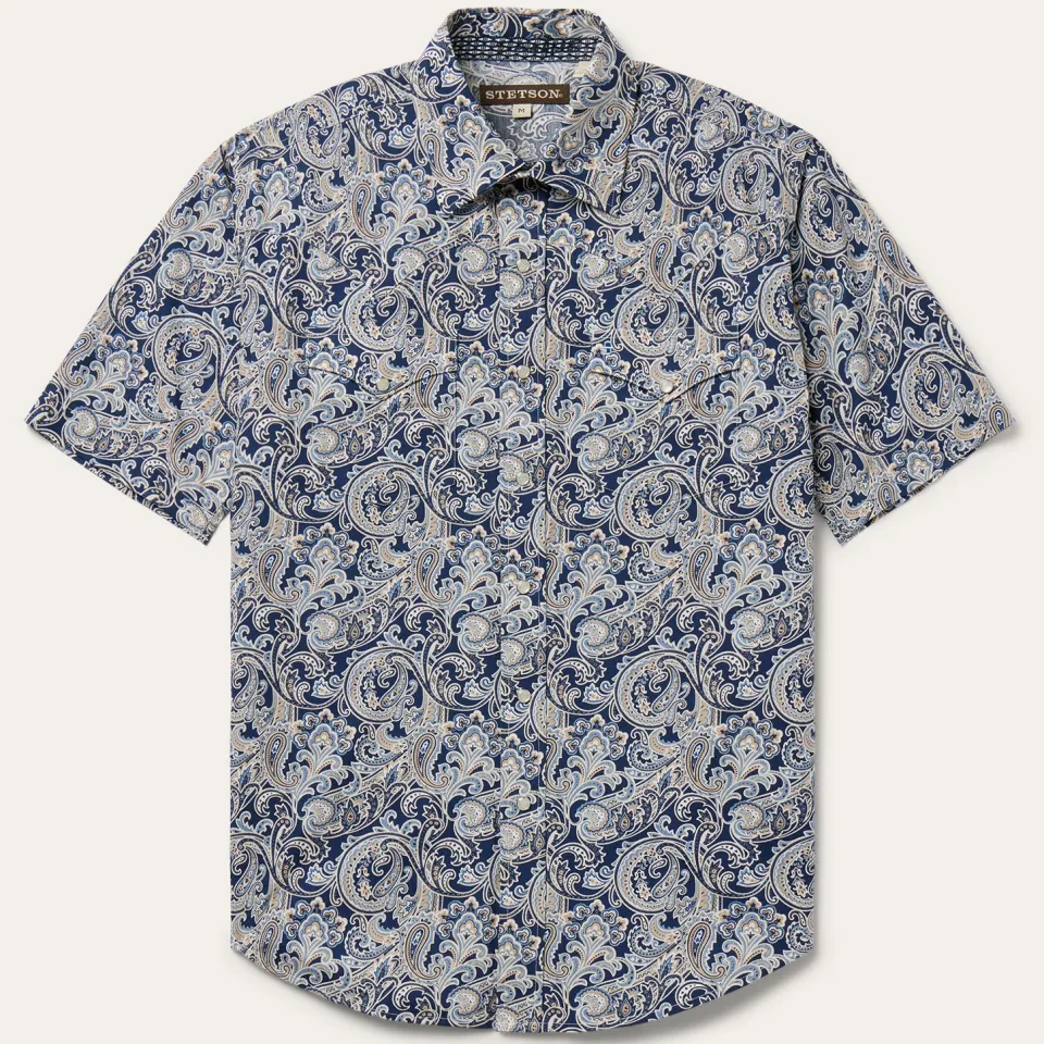 Stetson Greenspring Paisley Short Sleeve Western Shirt Blue New