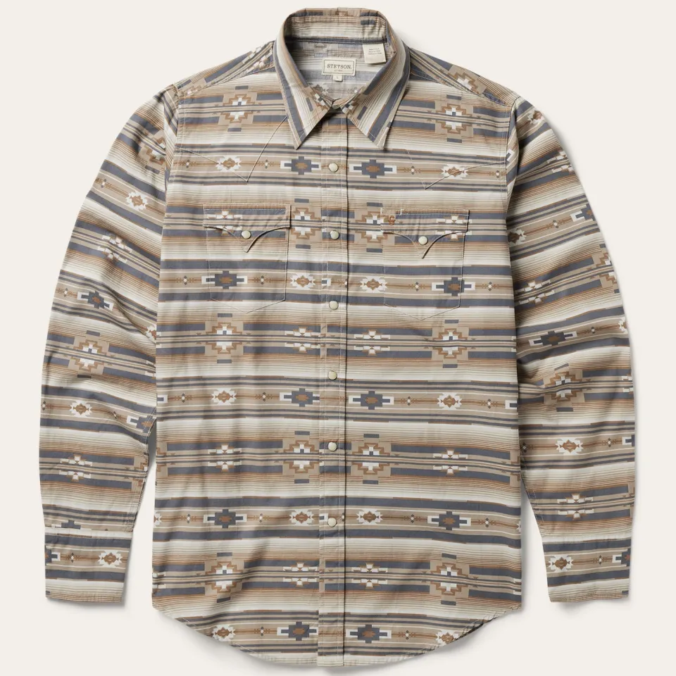 Stetson Horizontal Aztec Print Western Shirt Brown Discount