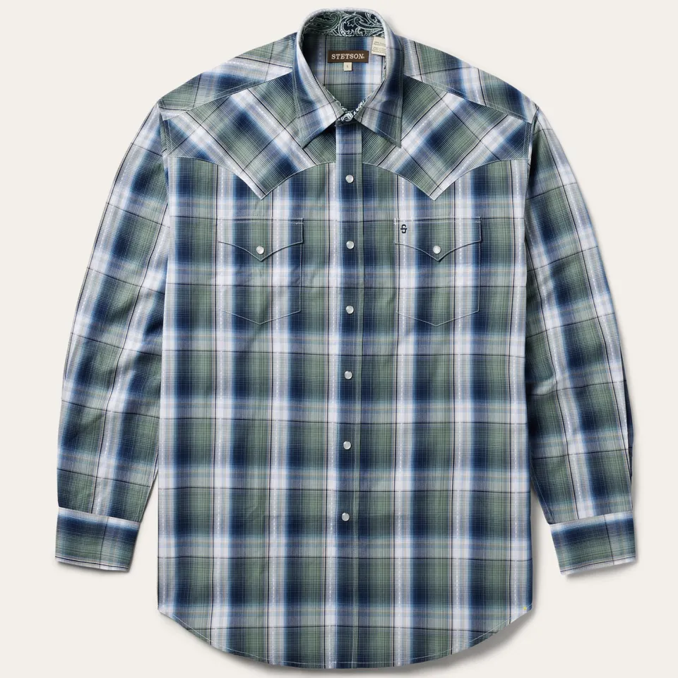 Stetson Lucky Diamond Plaid Western Shirt Green Online