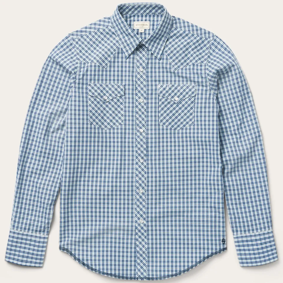 Stetson Modern Snap Front Shirt in Mini Check Blue Fashion