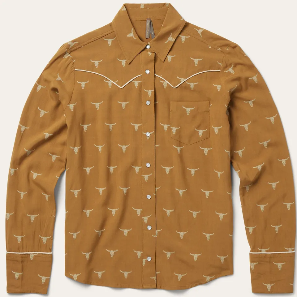 Stetson Mojave Longhorn Print Snap Western Shirt Brown Outlet