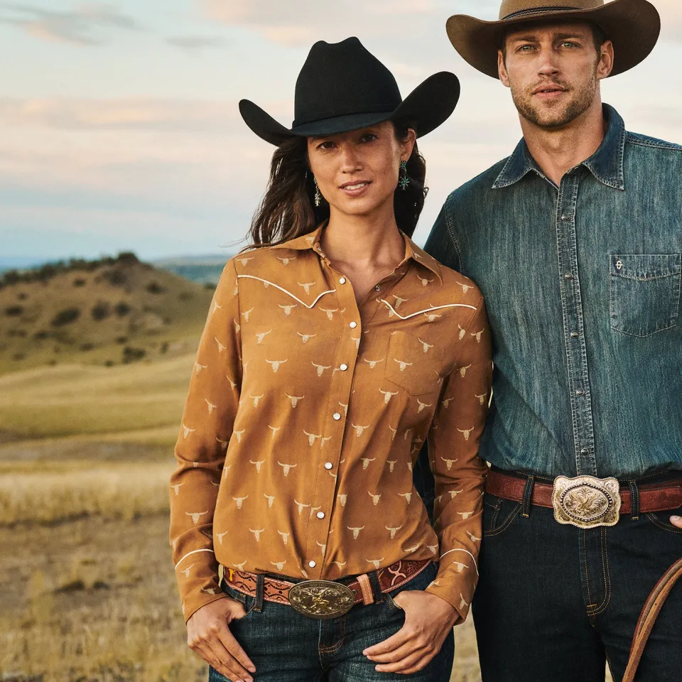 Stetson Mojave Longhorn Print Snap Western Shirt Brown Flash Sale