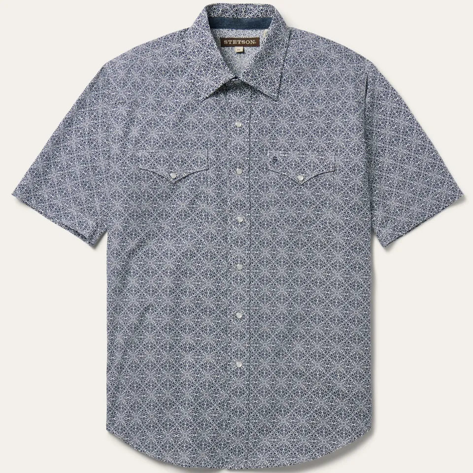 Stetson Navy Print Short Sleeve Western Shirt Blue Outlet