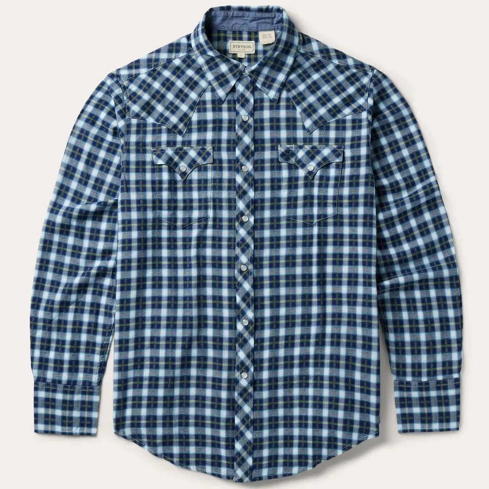 Stetson Plaid Twill Dobby Western Shirt Blue Flash Sale