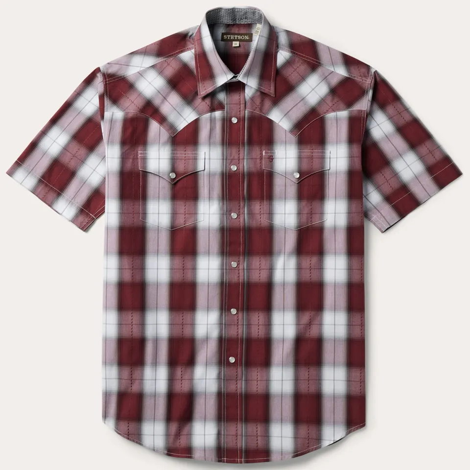 Stetson Shadow Plaid Short Sleeve Western Shirt Wine Best