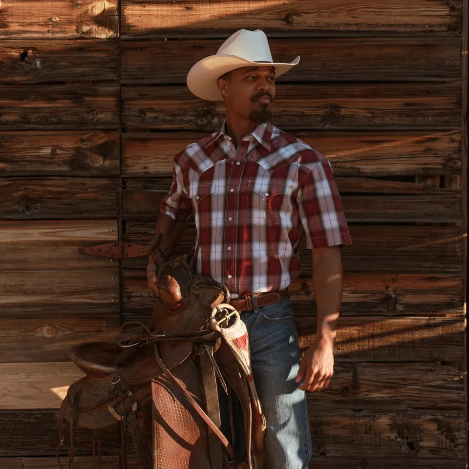 Stetson Shadow Plaid Short Sleeve Western Shirt Wine Best