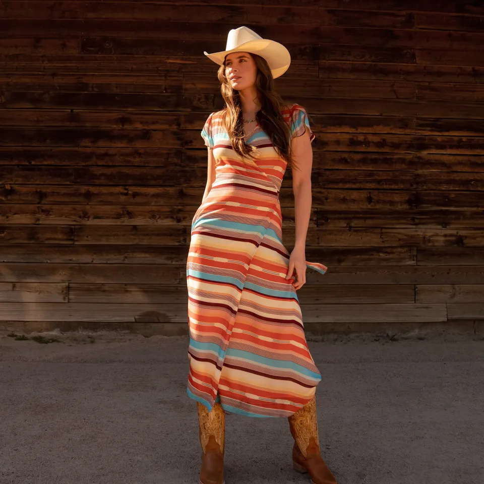 Stetson Sunset Serape Print Rayon Herringbone Wrap Front Dress Multi Sale